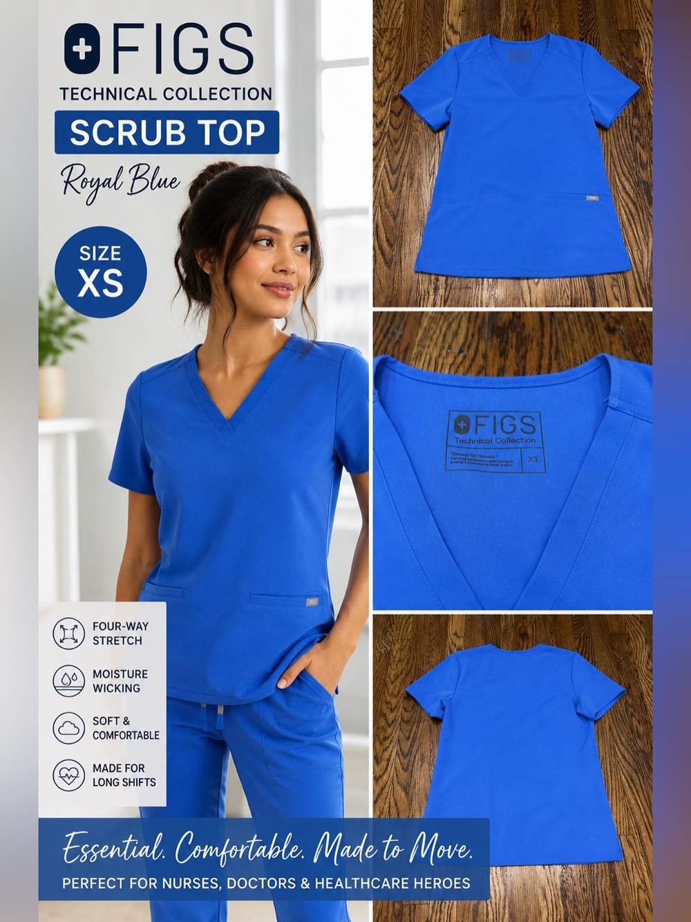 FIGS Technical Collection Royal Blue Scrub Top Women’s XS